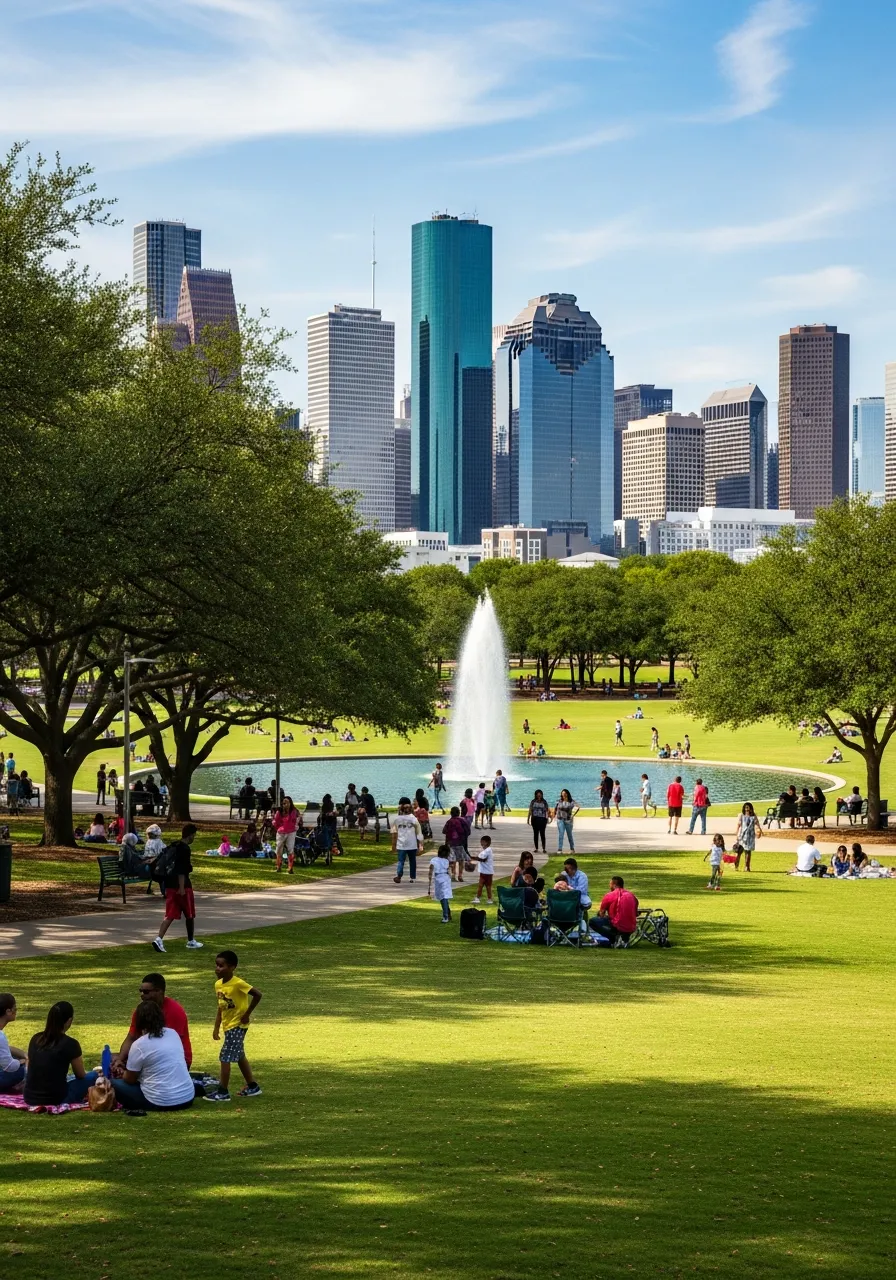 Discovery Green and the downtown Houston skyline