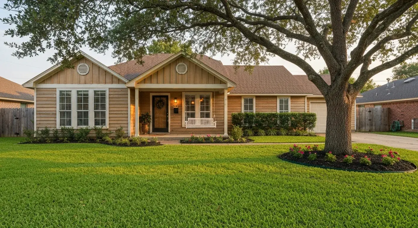 A Houston-area home shaded by a mature oak tree