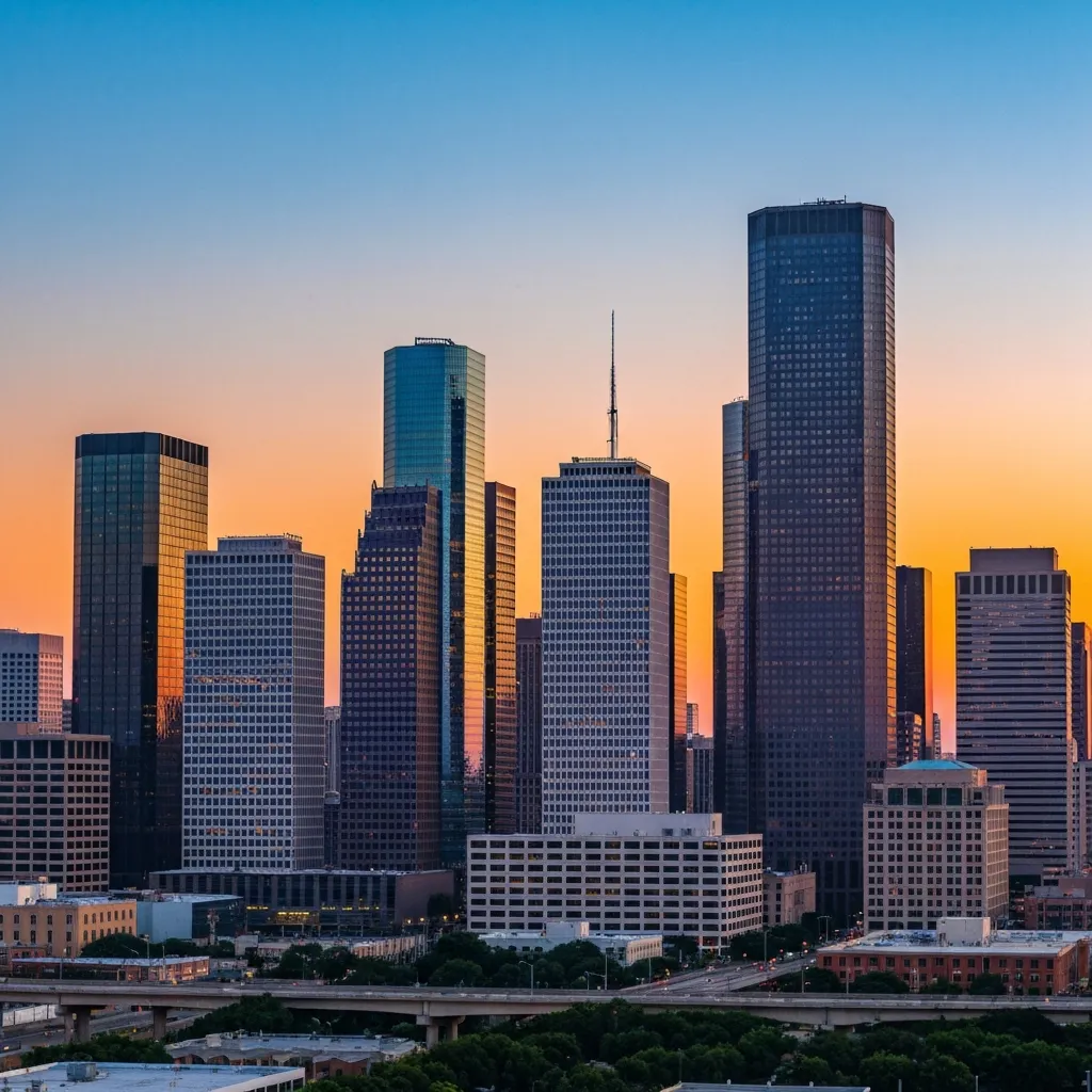Downtown Houston skyline at sunset